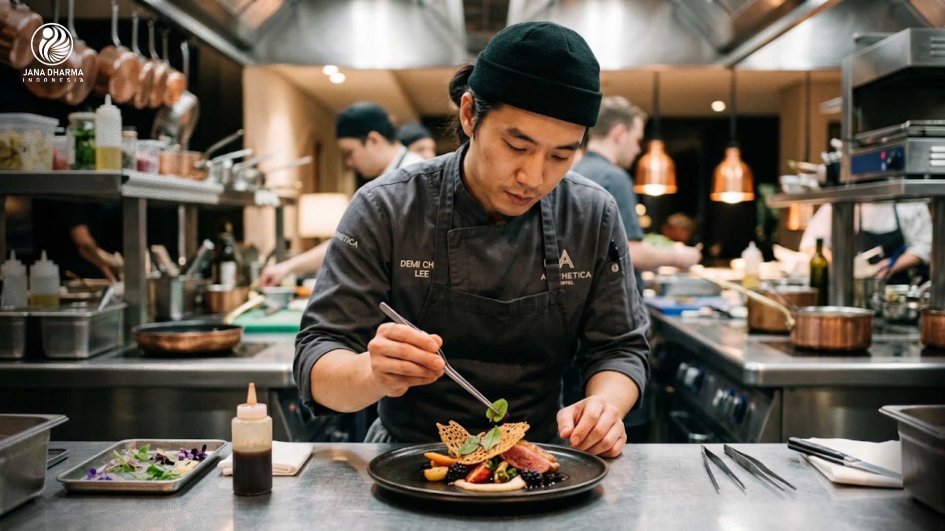 Seorang demi chef sedang mengatur piring hidangan di dapur hotel profesional.