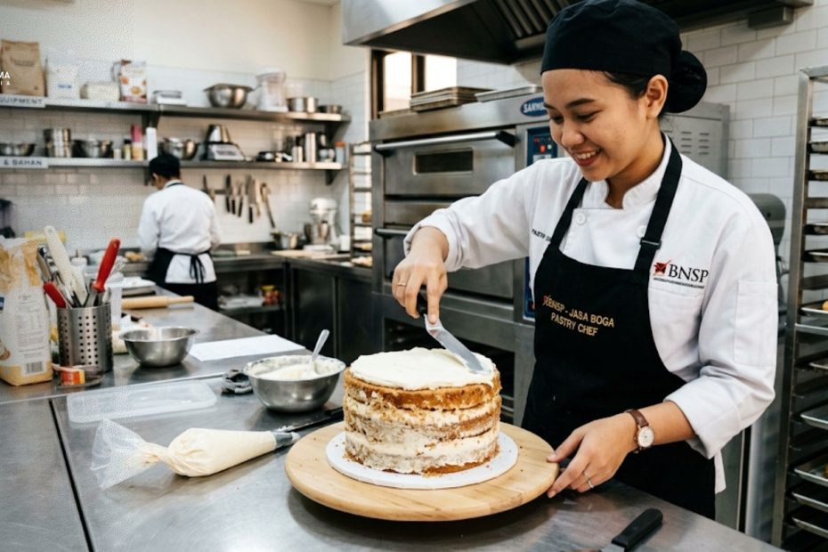 Seorang pastry chef profesional sedang mengoleskan cream pada kue di dapur bakery modern, menyiapkan diri untuk uji sertifikasi BNSP jasa boga.