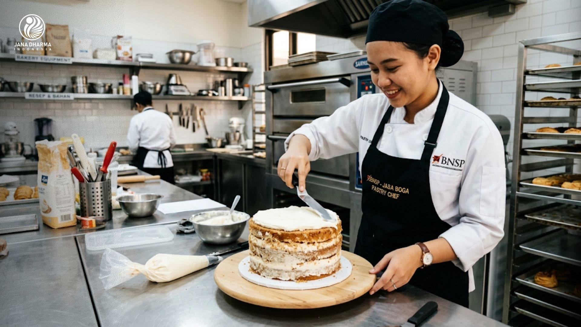 Seorang pastry chef profesional sedang mengoleskan cream pada kue di dapur bakery modern, menyiapkan diri untuk uji sertifikasi BNSP jasa boga.