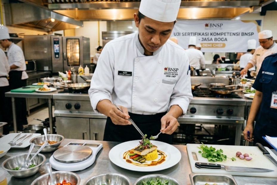 Koki profesional sedang menyiapkan hidangan saat mengikuti proses uji sertifikasi bnsp jasa boga demi chef