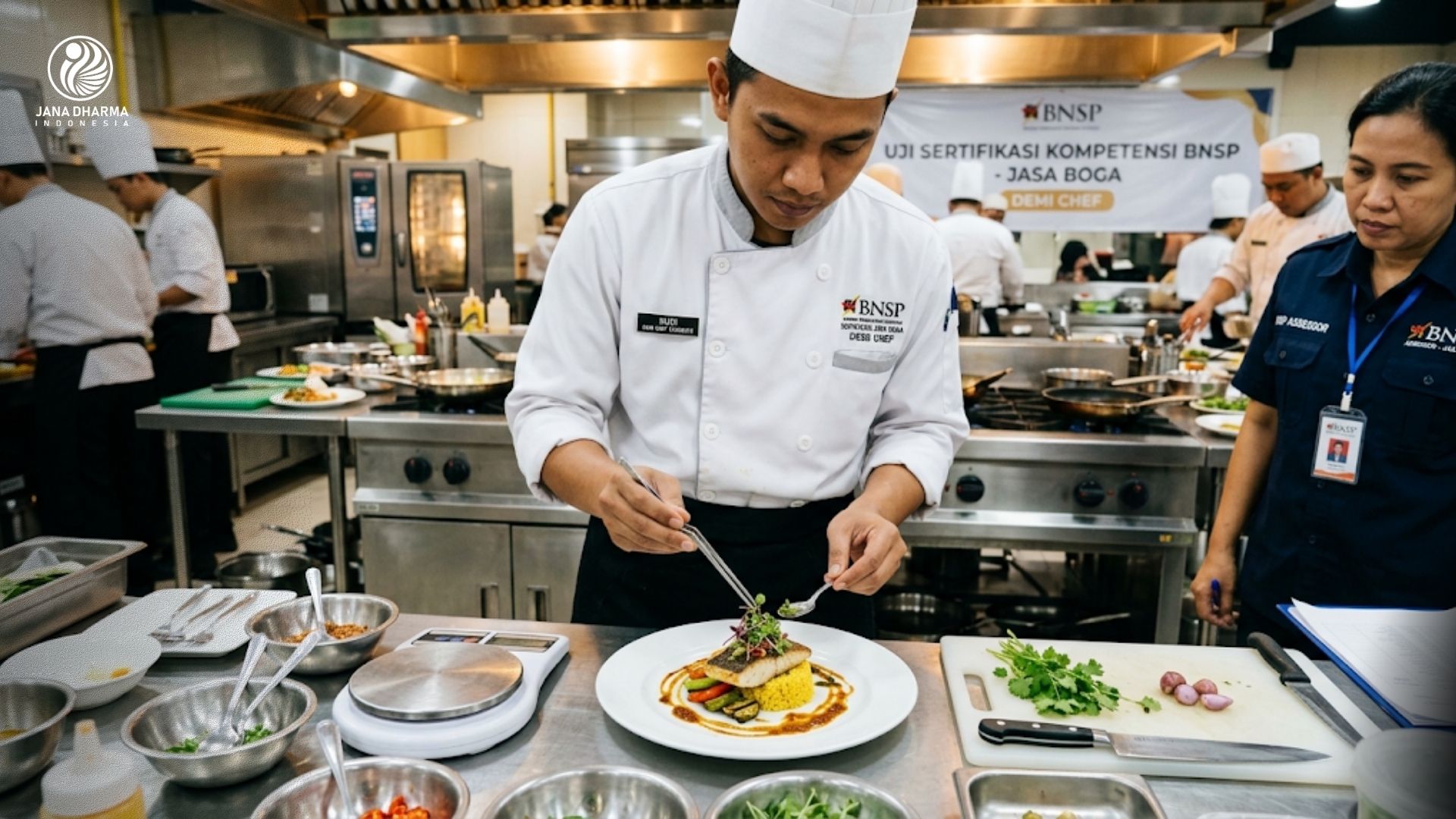 Koki profesional sedang menyiapkan hidangan saat mengikuti proses uji sertifikasi bnsp jasa boga demi chef
