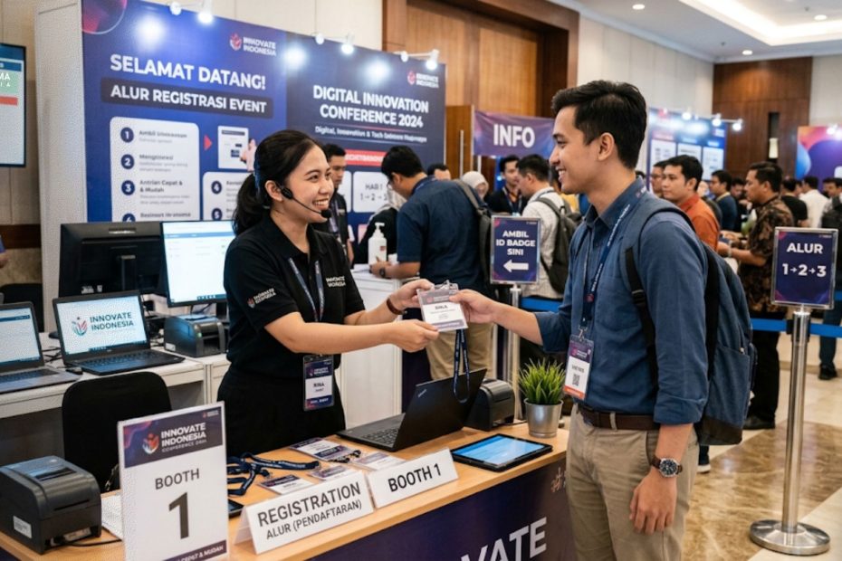 Petugas pendaftaran menyapa peserta di booth alur registrasi event yang rapi dan cepat