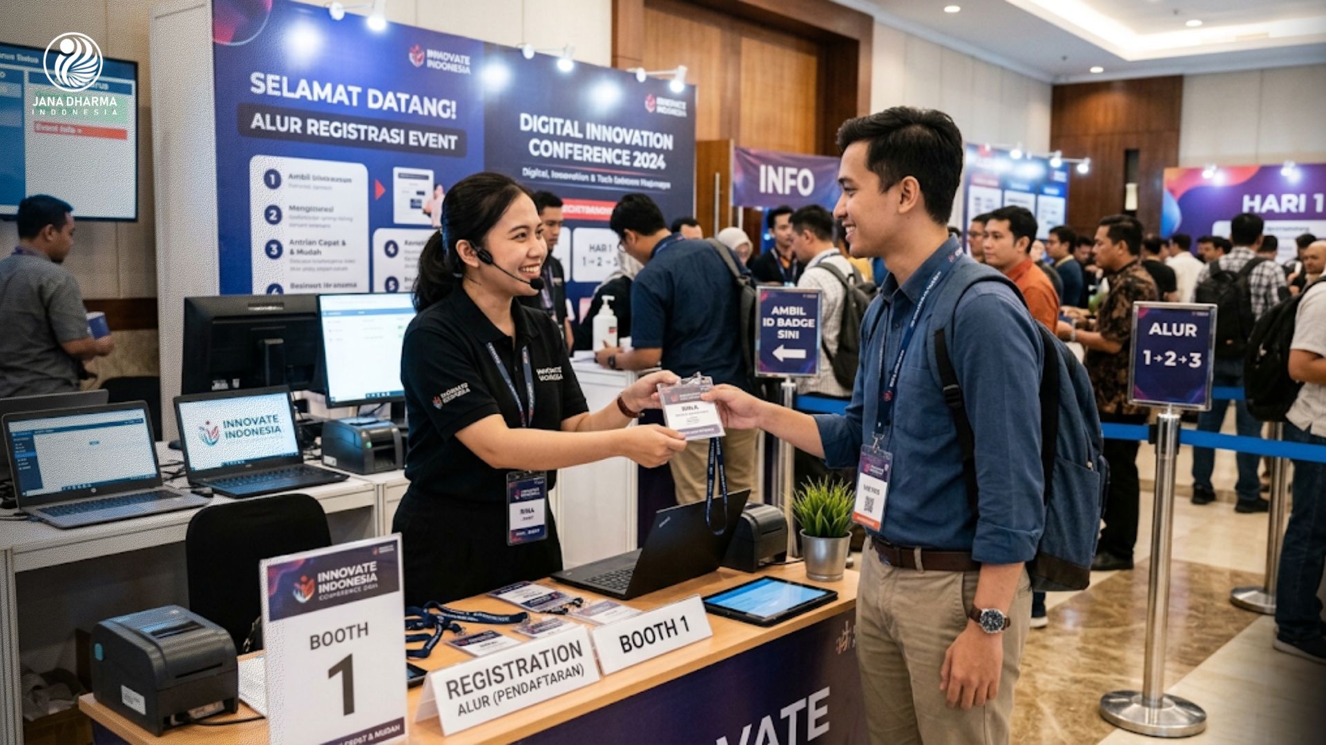 Petugas pendaftaran menyapa peserta di booth alur registrasi event yang rapi dan cepat