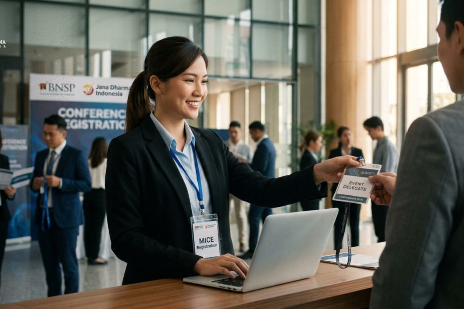 Registration staff sedang melayani peserta event conference internasional dalam proses sertifikasi BNSP MICE Jana Dharma Indonesia