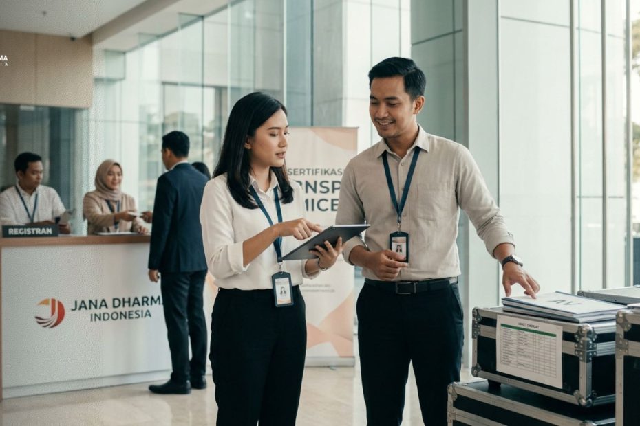 Professional MICE logistic staff managing event equipment and materials for a corporate conference.