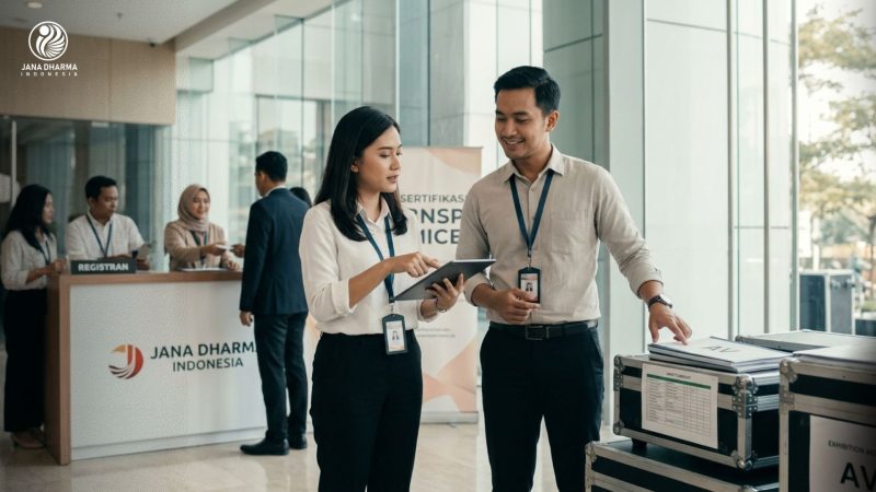 Professional MICE logistic staff managing event equipment and materials for a corporate conference.