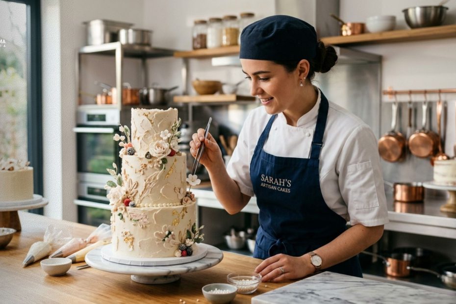 Seorang commis pastry lagi teliti banget meracik adonan kue di dapur profesional yang bersih.