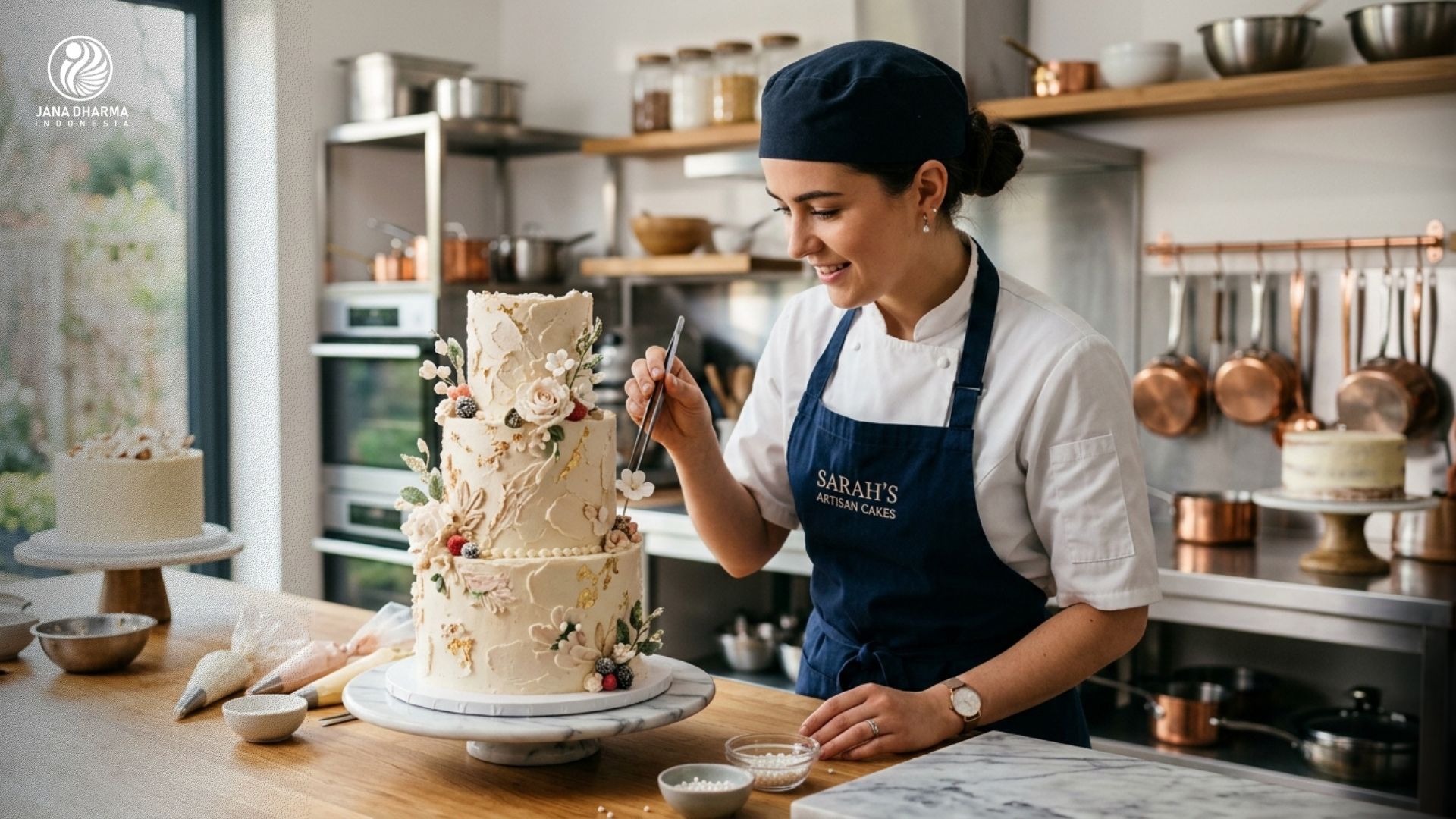 Seorang commis pastry lagi teliti banget meracik adonan kue di dapur profesional yang bersih.