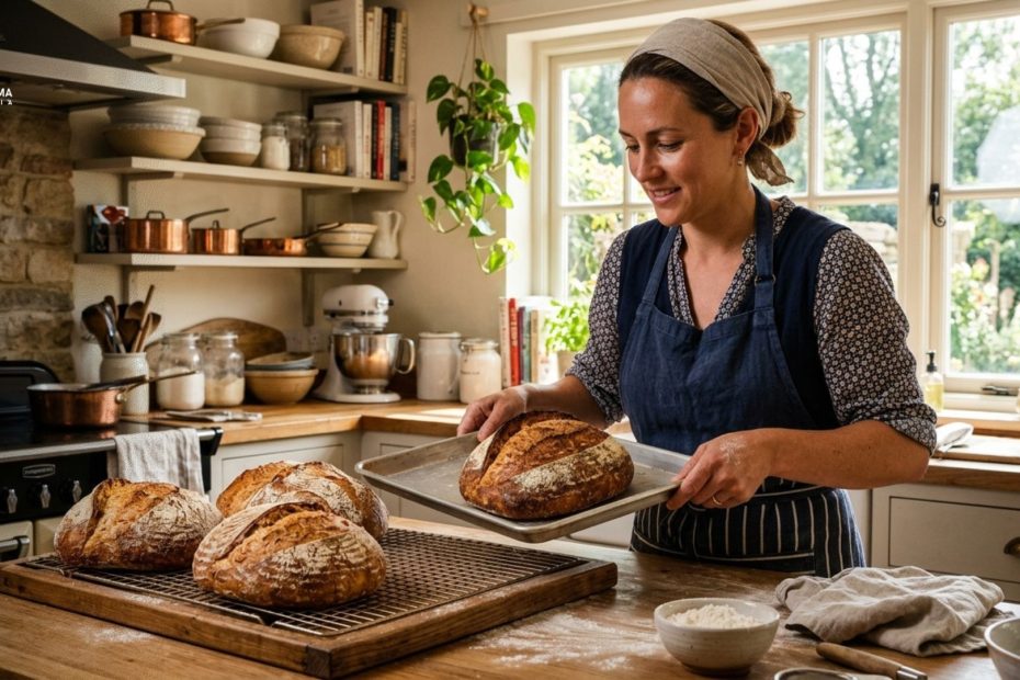 Seorang baker sedang menata roti segar yang baru matang di atas rak kayu.