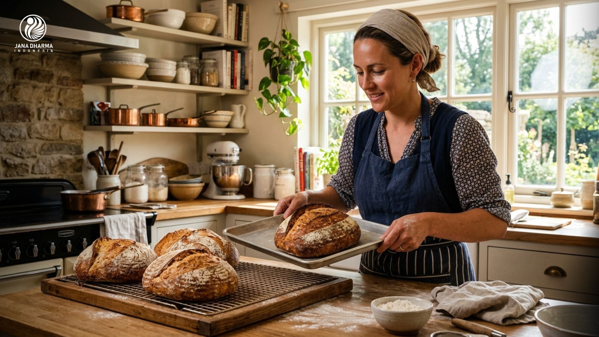 Seorang baker sedang menata roti segar yang baru matang di atas rak kayu.