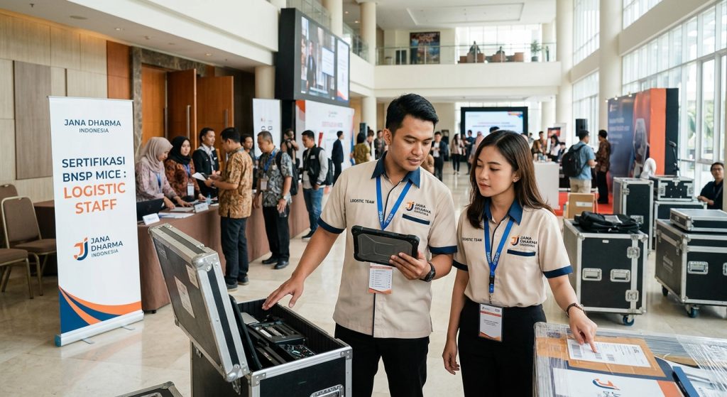 Professional MICE logistic staff managing event equipment and materials for a corporate conference.