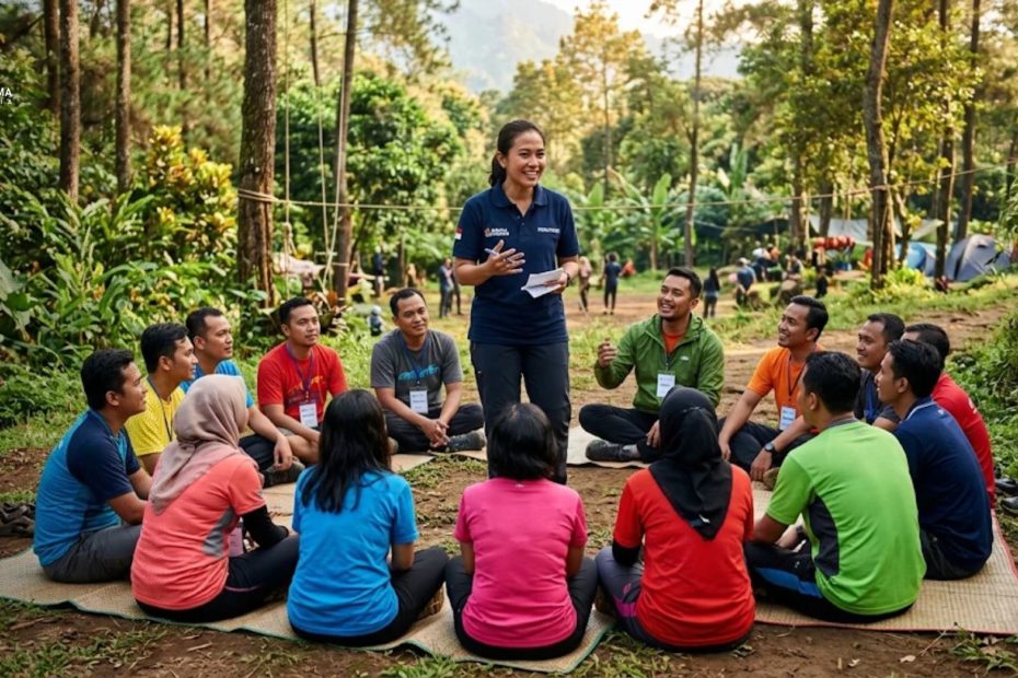 Seorang fasilitator outbound sedang memandu teknik debriefing outbound dalam sesi diskusi melingkar bersama para peserta.