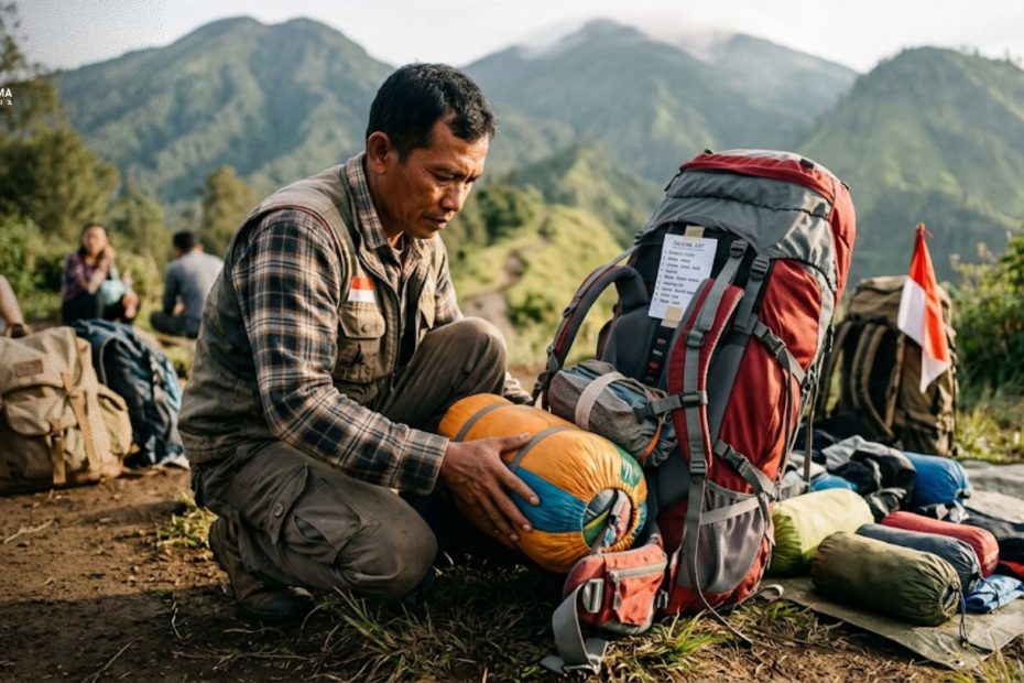 Porter gunung sedang menata carrier dengan teknik packing dan distribusi beban yang seimbang.