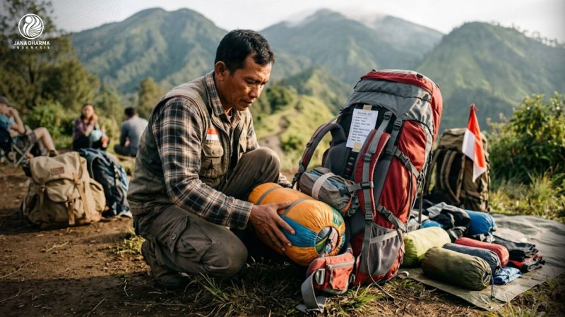 Porter gunung sedang menata carrier dengan teknik packing dan distribusi beban yang seimbang.