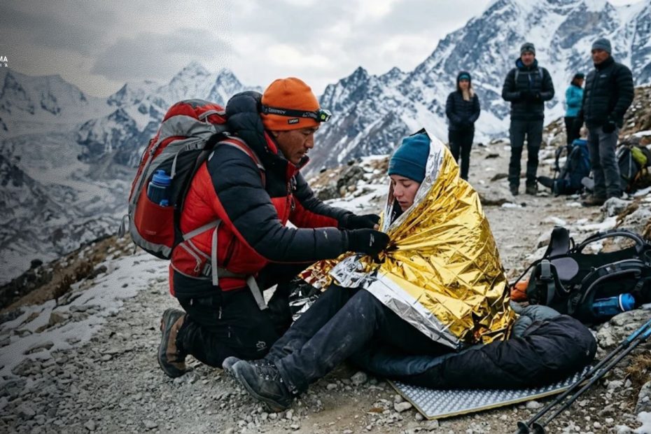 Pemandu gunung sedang memberikan pertolongan pertama hipotermia pada pendaki menggunakan emergency blanket.