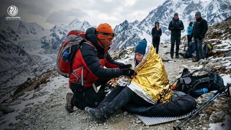 Pemandu gunung sedang memberikan pertolongan pertama hipotermia pada pendaki menggunakan emergency blanket.