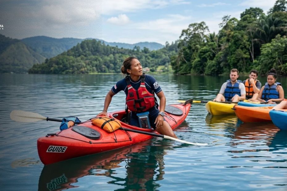 Seorang pemandu wisata air sedang memperagakan teknik self rescue kayak di air tenang.