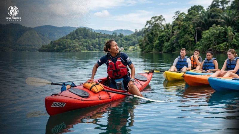 Seorang pemandu wisata air sedang memperagakan teknik self rescue kayak di air tenang.