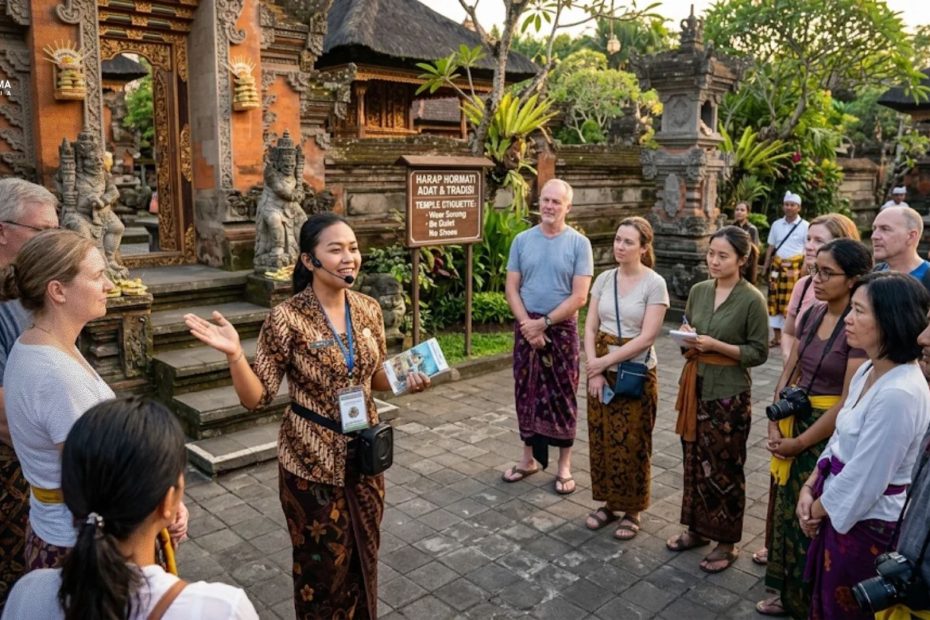 Pemandu wisata profesional sedang memberikan arahan etika budaya lokal kepada sekelompok turis asing.