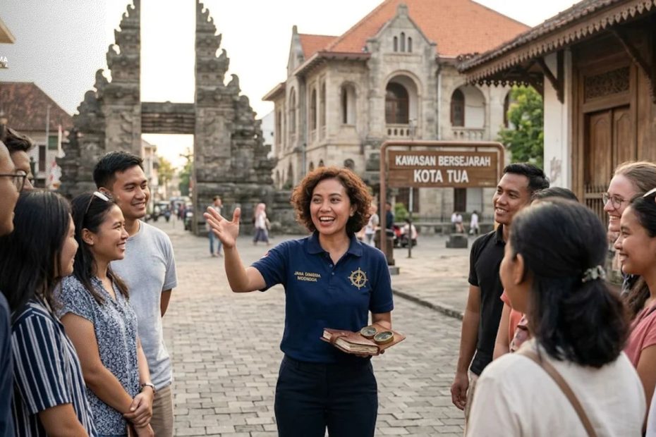 Pemandu wisata profesional Jana Dharma Indonesia sedang mempraktikkan cara menjadi city tour guide dengan teknik storytelling di kawasan bersejarah.