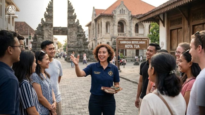 Pemandu wisata profesional Jana Dharma Indonesia sedang mempraktikkan cara menjadi city tour guide dengan teknik storytelling di kawasan bersejarah.