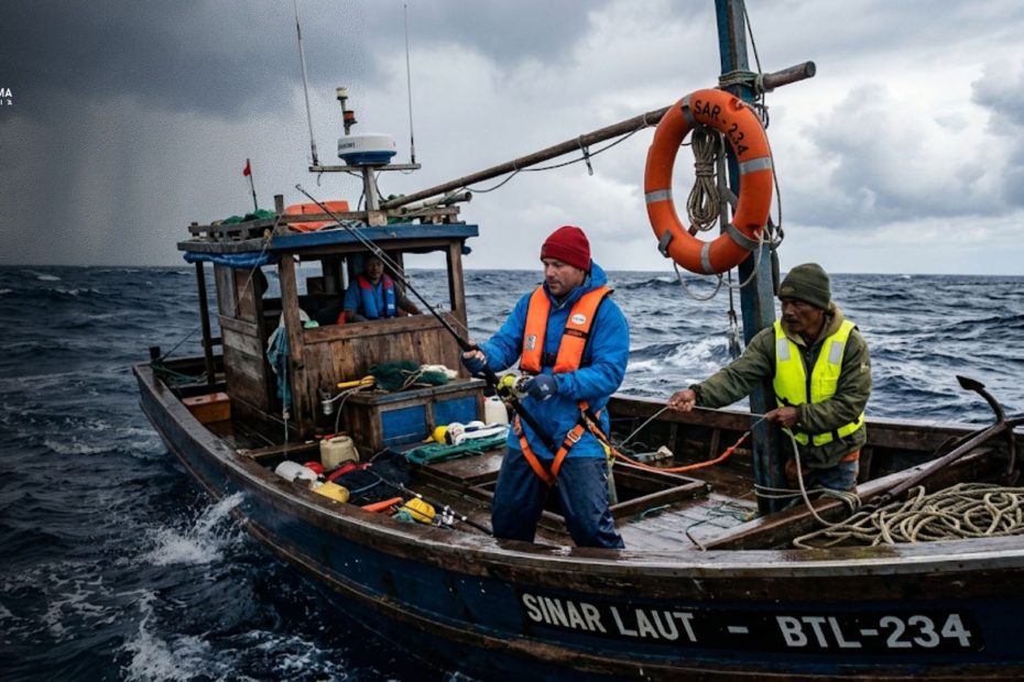 Nelayan dan pemancing menggunakan alat keselamatan mancing laut lengkap di atas kapal perahu saat cuaca laut dalam