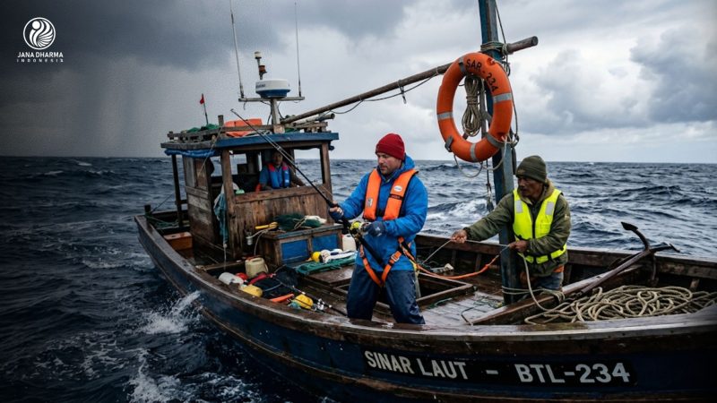 Nelayan dan pemancing menggunakan alat keselamatan mancing laut lengkap di atas kapal perahu saat cuaca laut dalam
