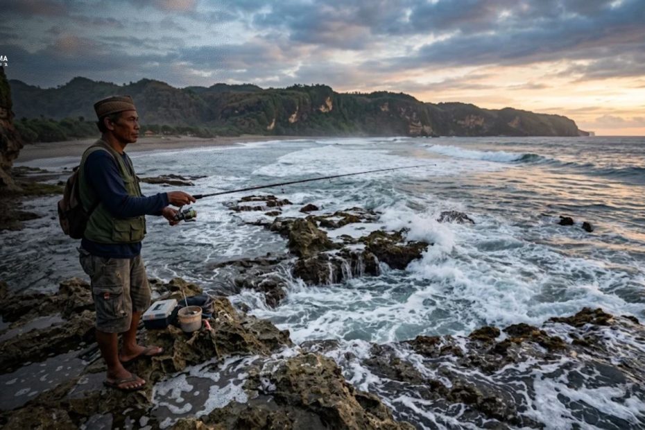Pemancing memegang joran sambil melihat kondisi air laut pasang surut di pesisir pantai.