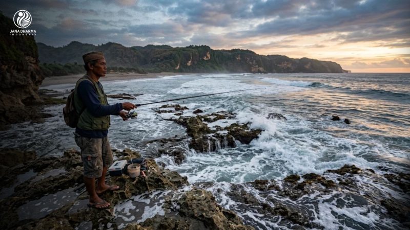 Pemancing memegang joran sambil melihat kondisi air laut pasang surut di pesisir pantai.