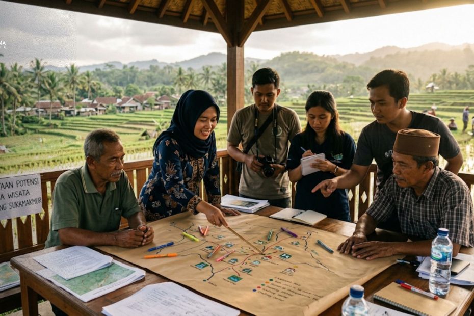 Tim desa melakukan pemetaan potensi desa wisata untuk menyusun paket kunjungan lokal.