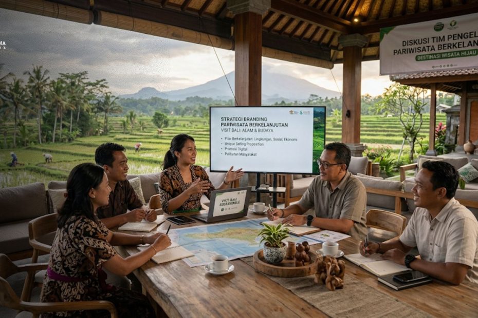 Tim pengelola pariwisata sedang mendiskusikan strategi branding destinasi wisata berkelanjutan