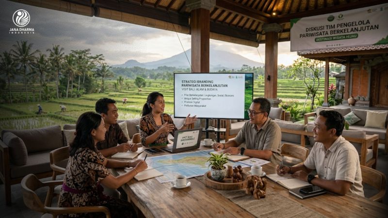 Tim pengelola pariwisata sedang mendiskusikan strategi branding destinasi wisata berkelanjutan