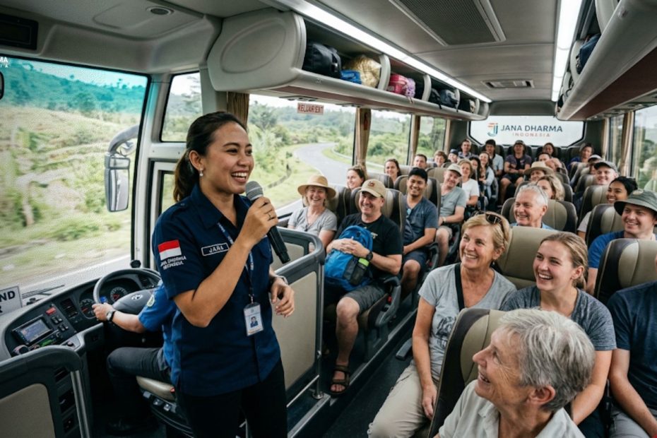 Tour guide Jana Dharma Indonesia sedang memandu rombongan peserta overland tour di dalam bus pariwisata.