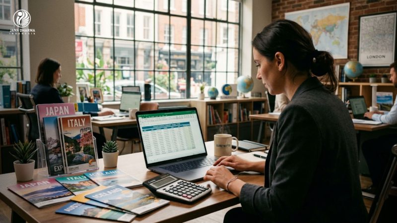 cara menghitung harga paket wisata menggunakan kalkulator dan laptop di meja kerja