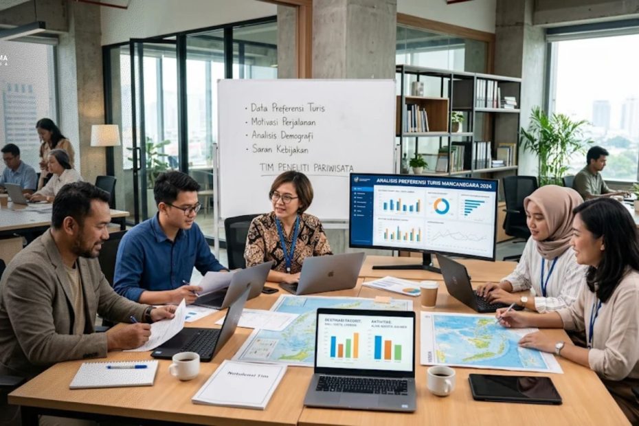 Tim peneliti bisnis pariwisata sedang menganalisis data preferensi turis di workspace modern.