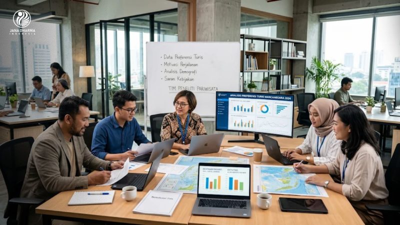 Tim peneliti bisnis pariwisata sedang menganalisis data preferensi turis di workspace modern.