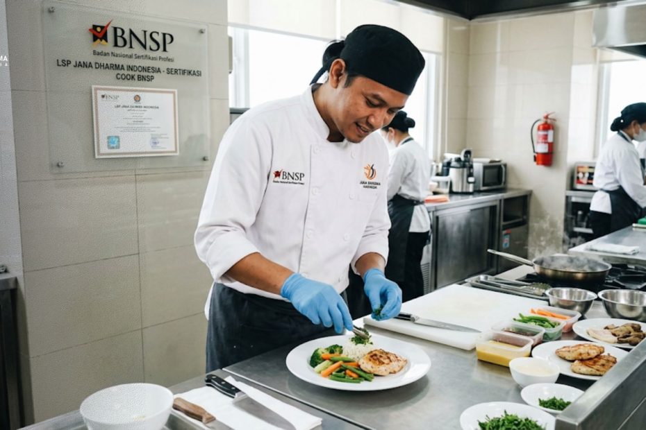 Koki profesional sedang mengolah hidangan standar higienis dengan lisensi Sertifikasi Cook BNSP dari Jana Dharma Indonesia