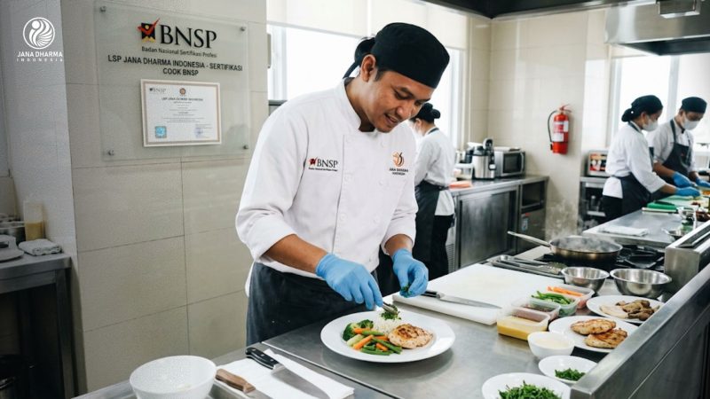 Koki profesional sedang mengolah hidangan standar higienis dengan lisensi Sertifikasi Cook BNSP dari Jana Dharma Indonesia