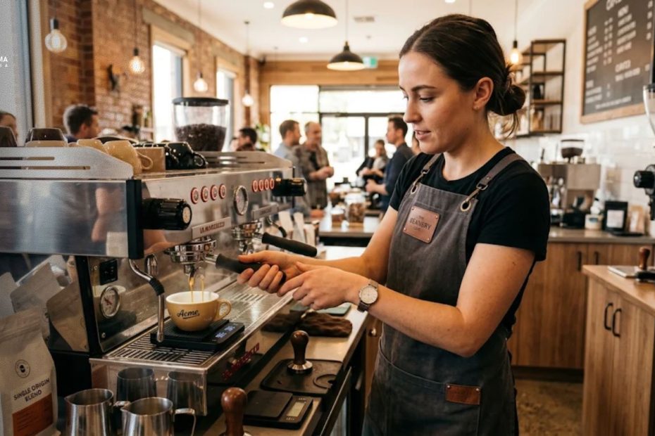 Barista profesional sedang menyeduh kopi espresso menggunakan mesin komersial di kafe modern