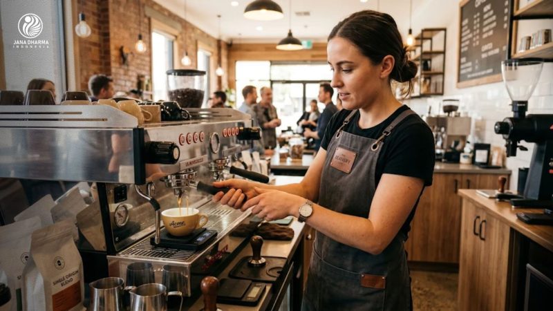 Barista profesional sedang menyeduh kopi espresso menggunakan mesin komersial di kafe modern
