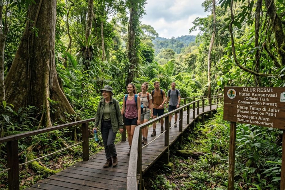Wisatawan menerapkan prinsip dasar ekowisata dengan berjalan di jalur resmi kawasan konservasi alam.