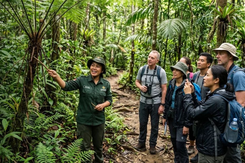 Pemandu wisata sedang menyampaikan interpretasi lingkungan ekowisata kepada sekelompok wisatawan di kawasan hutan