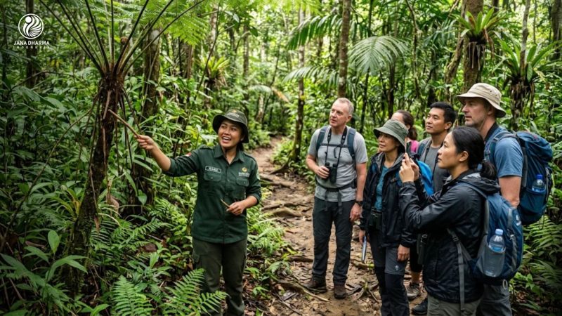 Pemandu wisata sedang menyampaikan interpretasi lingkungan ekowisata kepada sekelompok wisatawan di kawasan hutan