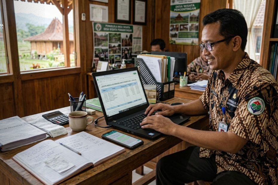 Pengelola desa wisata sedang menyusun laporan harian di laptop dengan catatan keuangan yang rapi
