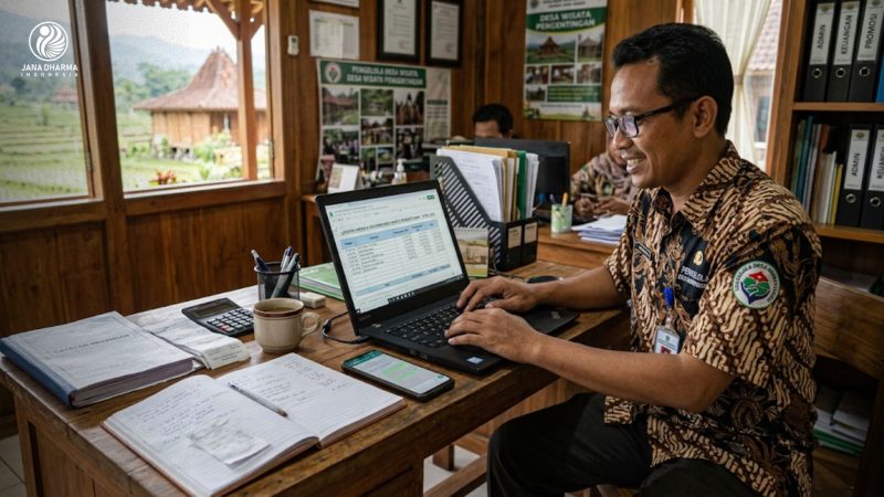 Pengelola desa wisata sedang menyusun laporan harian di laptop dengan catatan keuangan yang rapi
