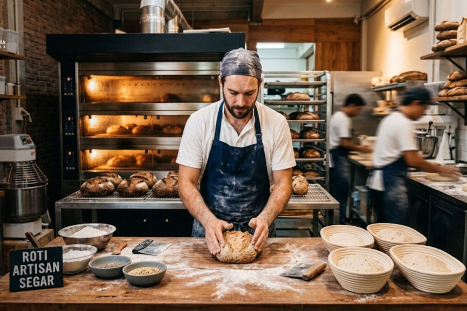 Suasana dapur bakery modern dengan koki yang sedang menyiapkan roti artisan hangat