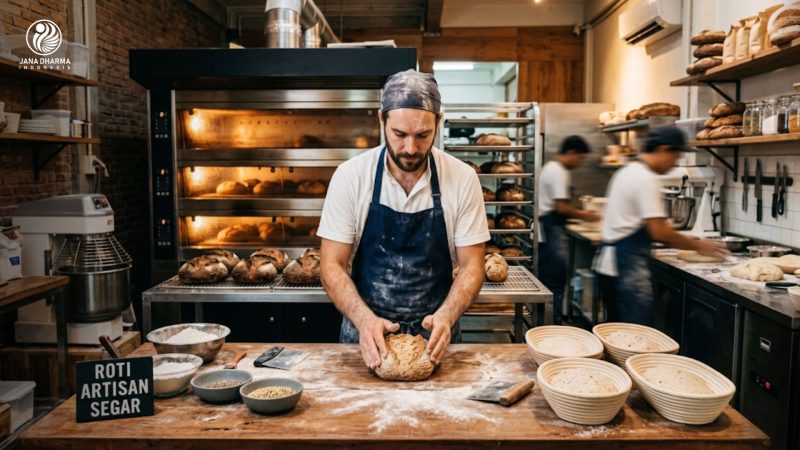 Suasana dapur bakery modern dengan koki yang sedang menyiapkan roti artisan hangat