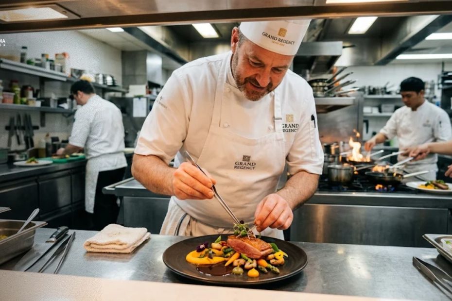 Suasana dapur profesional hotel berbintang dengan chef sedang menyajikan makanan secara presisi