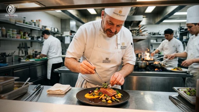Suasana dapur profesional hotel berbintang dengan chef sedang menyajikan makanan secara presisi